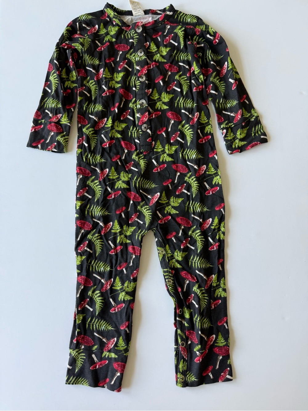 kate quinn Black Jumpsuit with Red Mushroom & Green Fern Print
